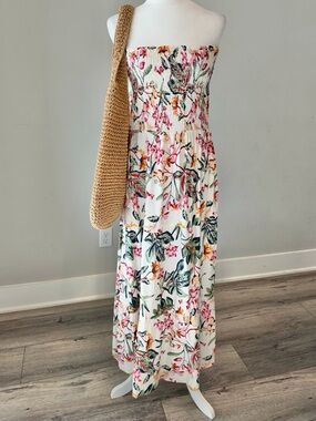 Strapless Floral Maxi Dress in Cream and Multicolor